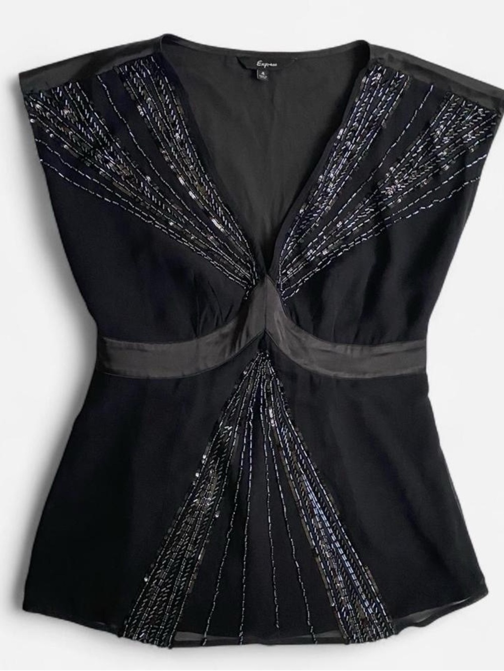 Y2K black silk beaded top